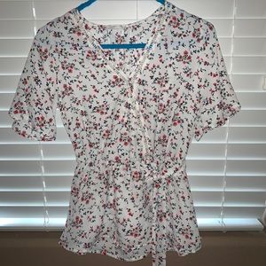white floral wrap blouse with side tie